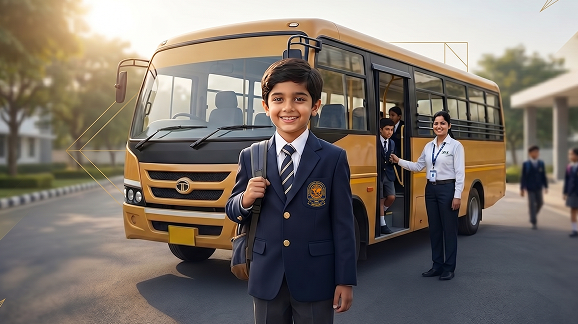 DIS Hyderabad school bus with student and attendant